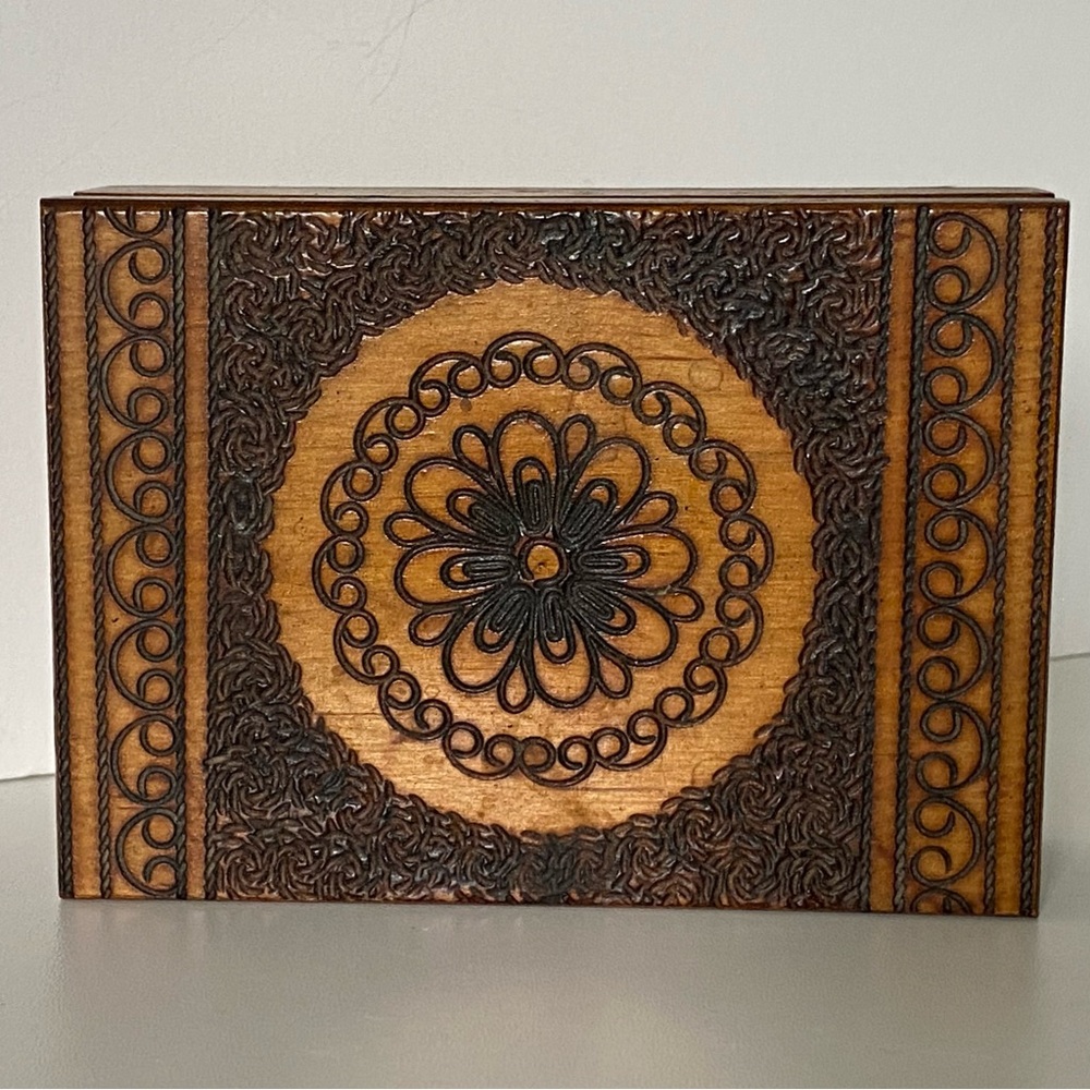 Vintage Wooden Hand Carved Box Hinged From Poland 4.5” X 3.25” Dark Brown EUC